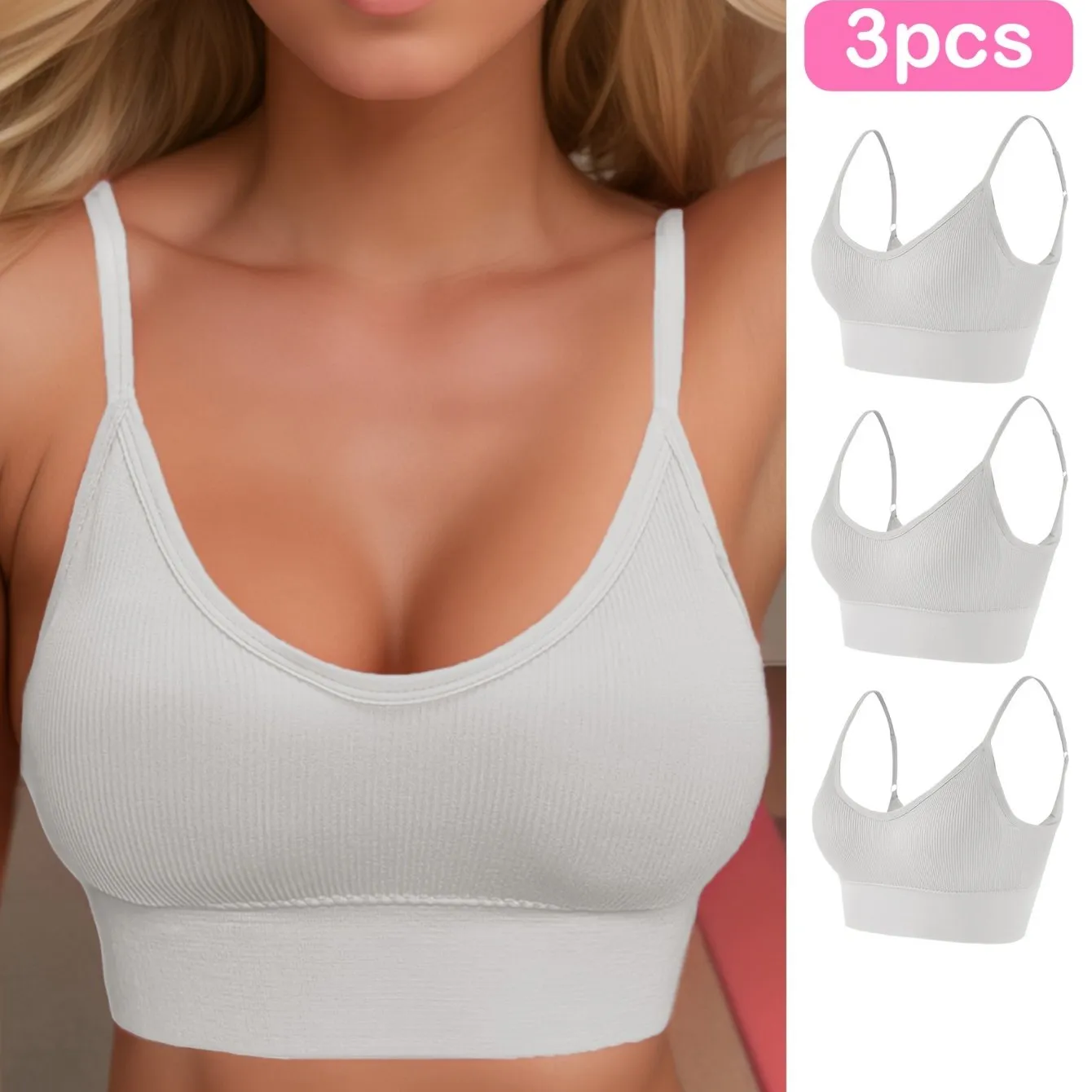 3pcs Solid Ribbed Sports Bra, Comfy & Breathable Fitness Workout Intimates Bra, Women's Lingerie & Underwear