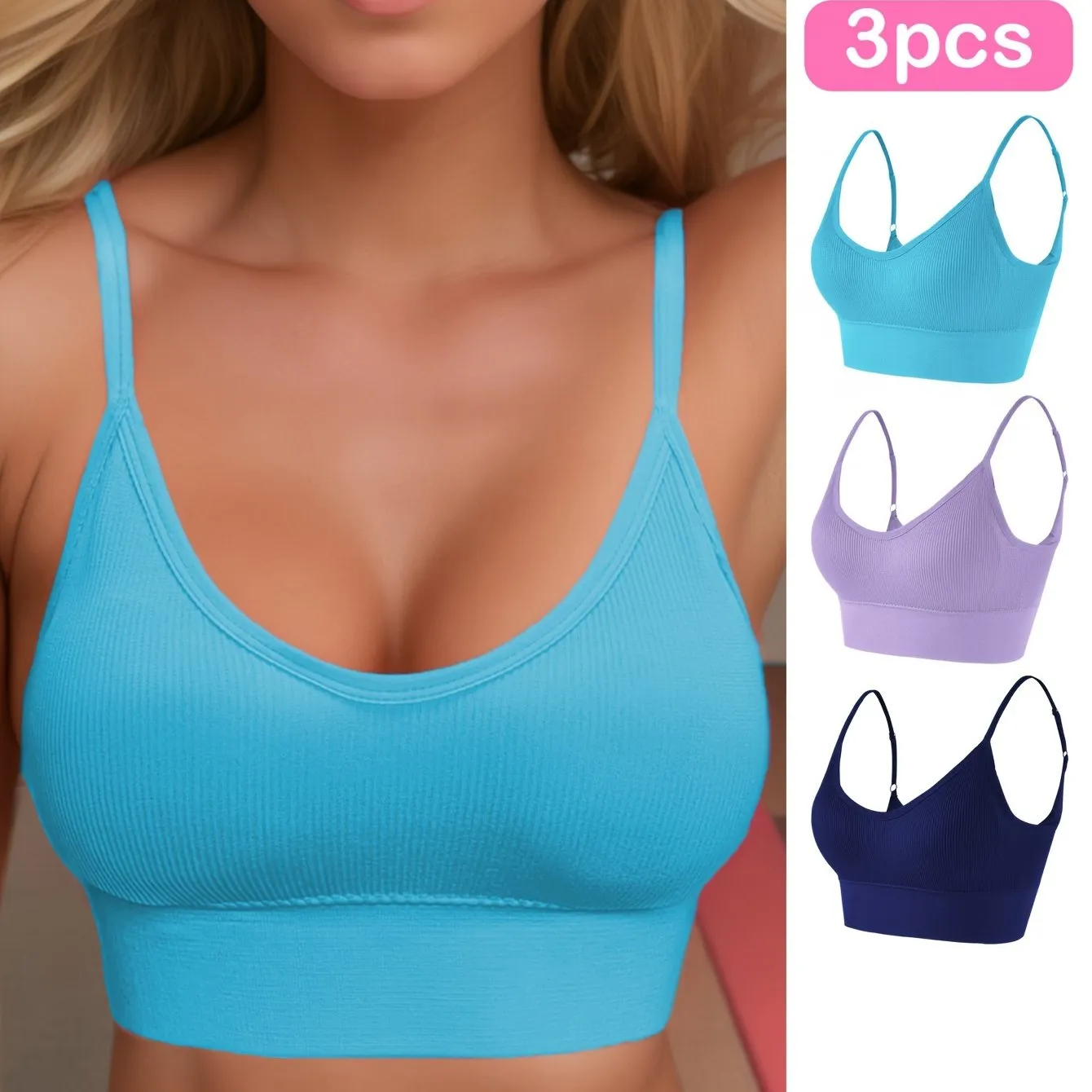3pcs Solid Ribbed Sports Bra, Comfy & Breathable Fitness Workout Intimates Bra, Women's Lingerie & Underwear