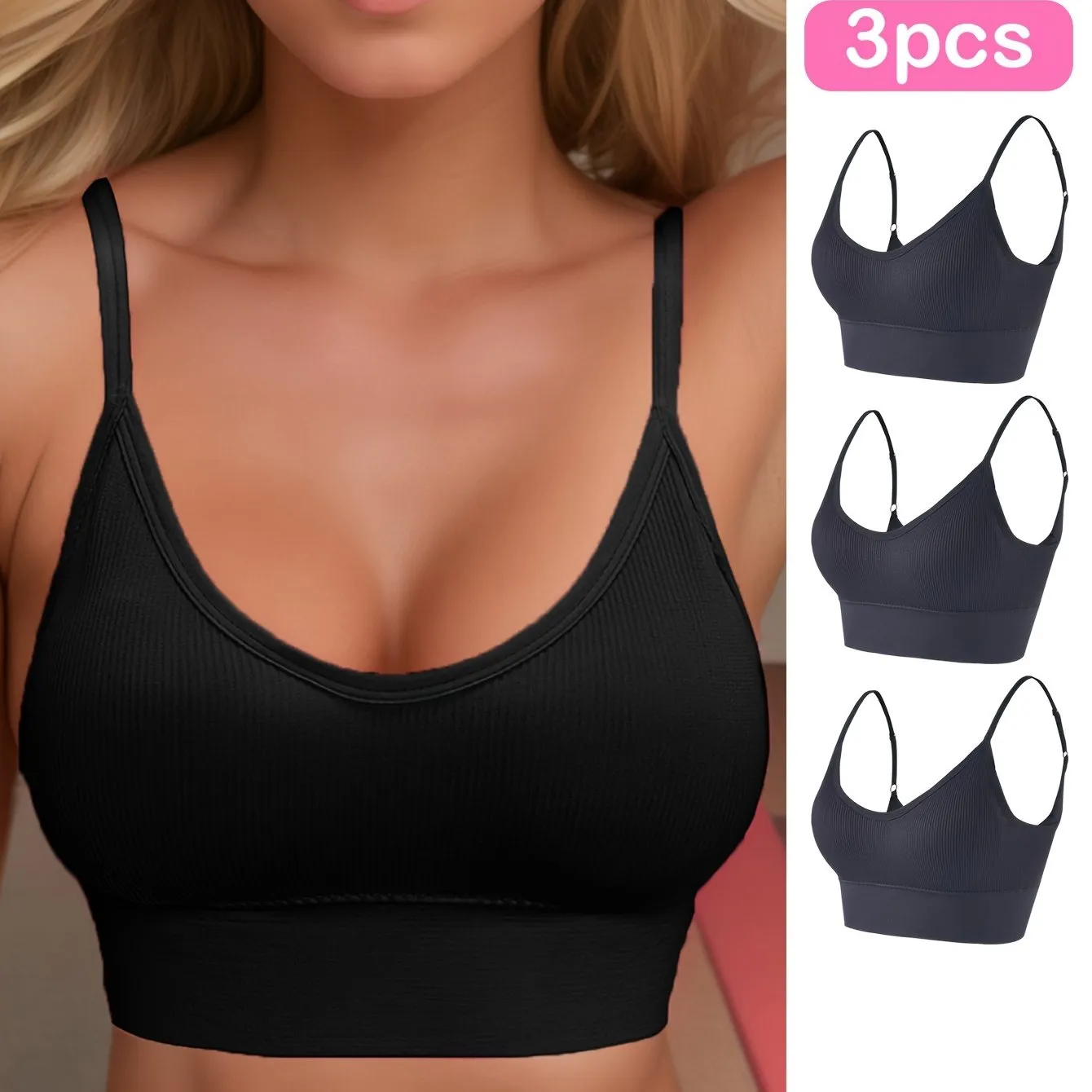 3pcs Solid Ribbed Sports Bra, Comfy & Breathable Fitness Workout Intimates Bra, Women's Lingerie & Underwear