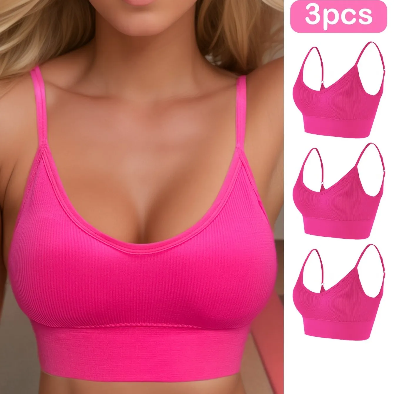 3pcs Solid Ribbed Sports Bra, Comfy & Breathable Fitness Workout Intimates Bra, Women's Lingerie & Underwear