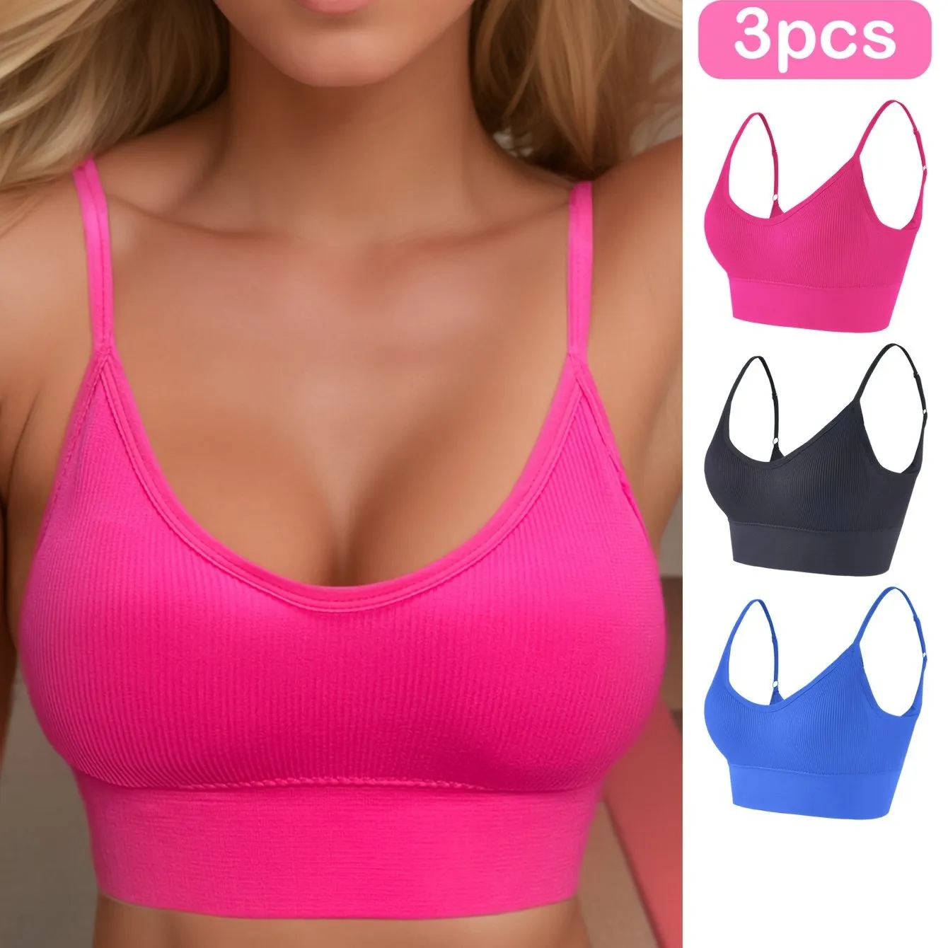 3pcs Solid Ribbed Sports Bra, Comfy & Breathable Fitness Workout Intimates Bra, Women's Lingerie & Underwear