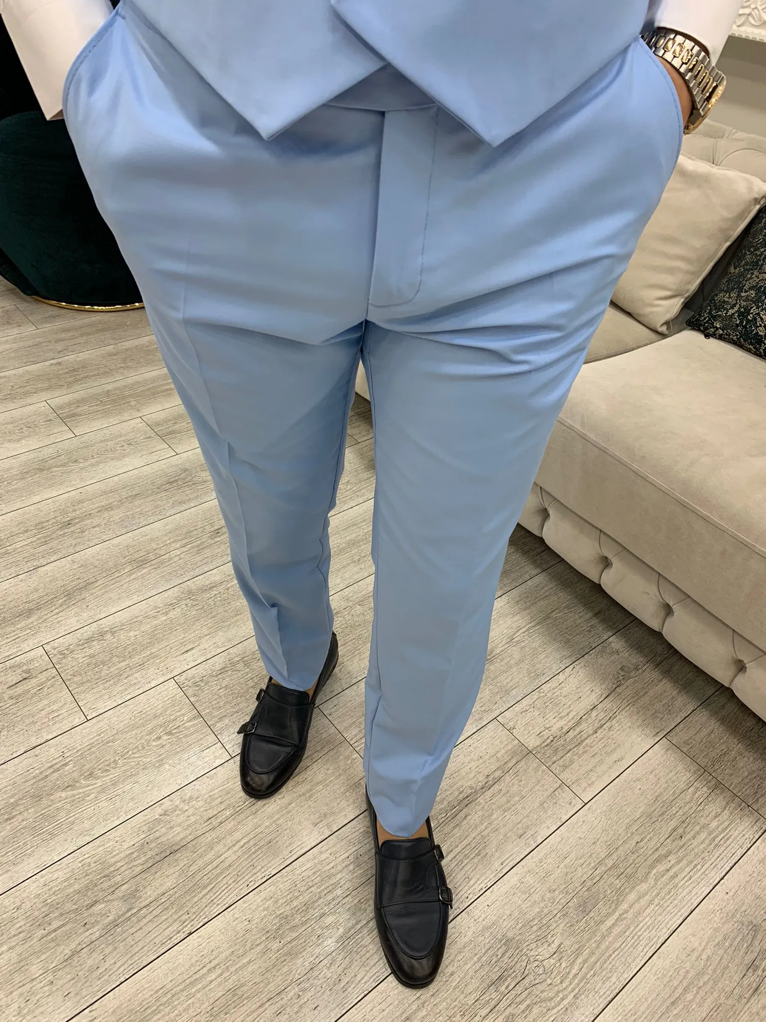 Amato Sky Blue Slim Fit Peak Lapel Suit