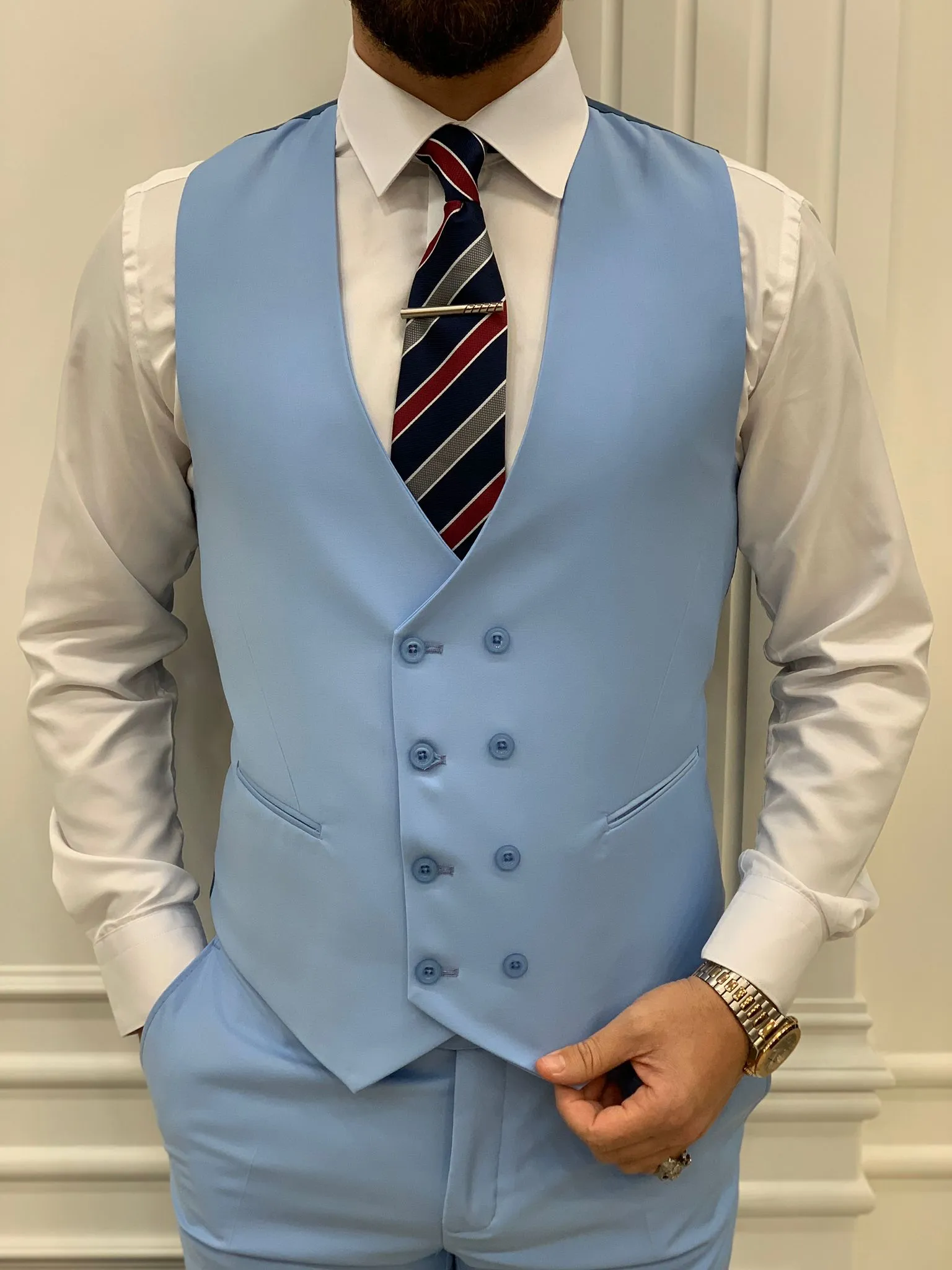 Amato Sky Blue Slim Fit Peak Lapel Suit