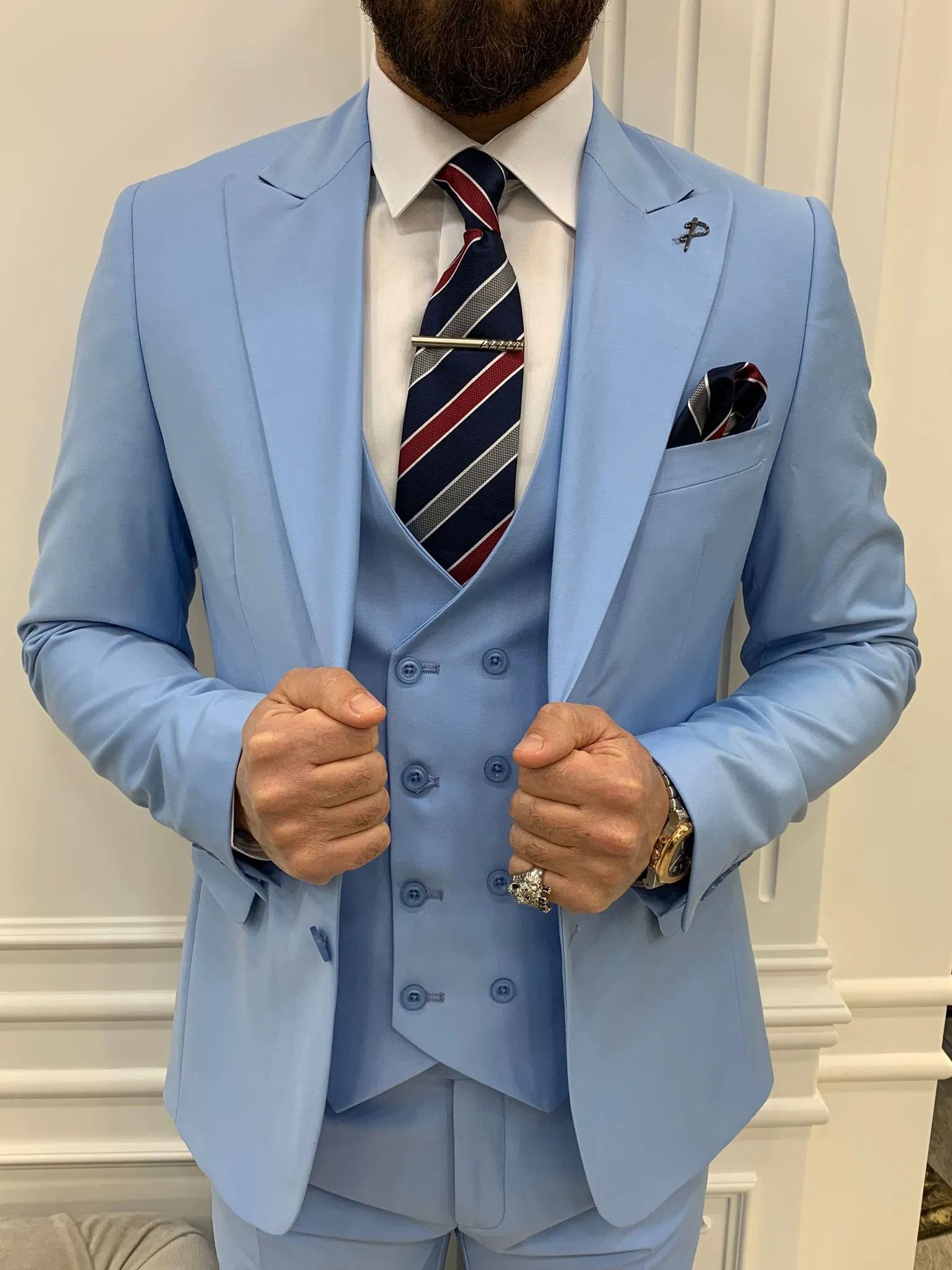 Amato Sky Blue Slim Fit Peak Lapel Suit