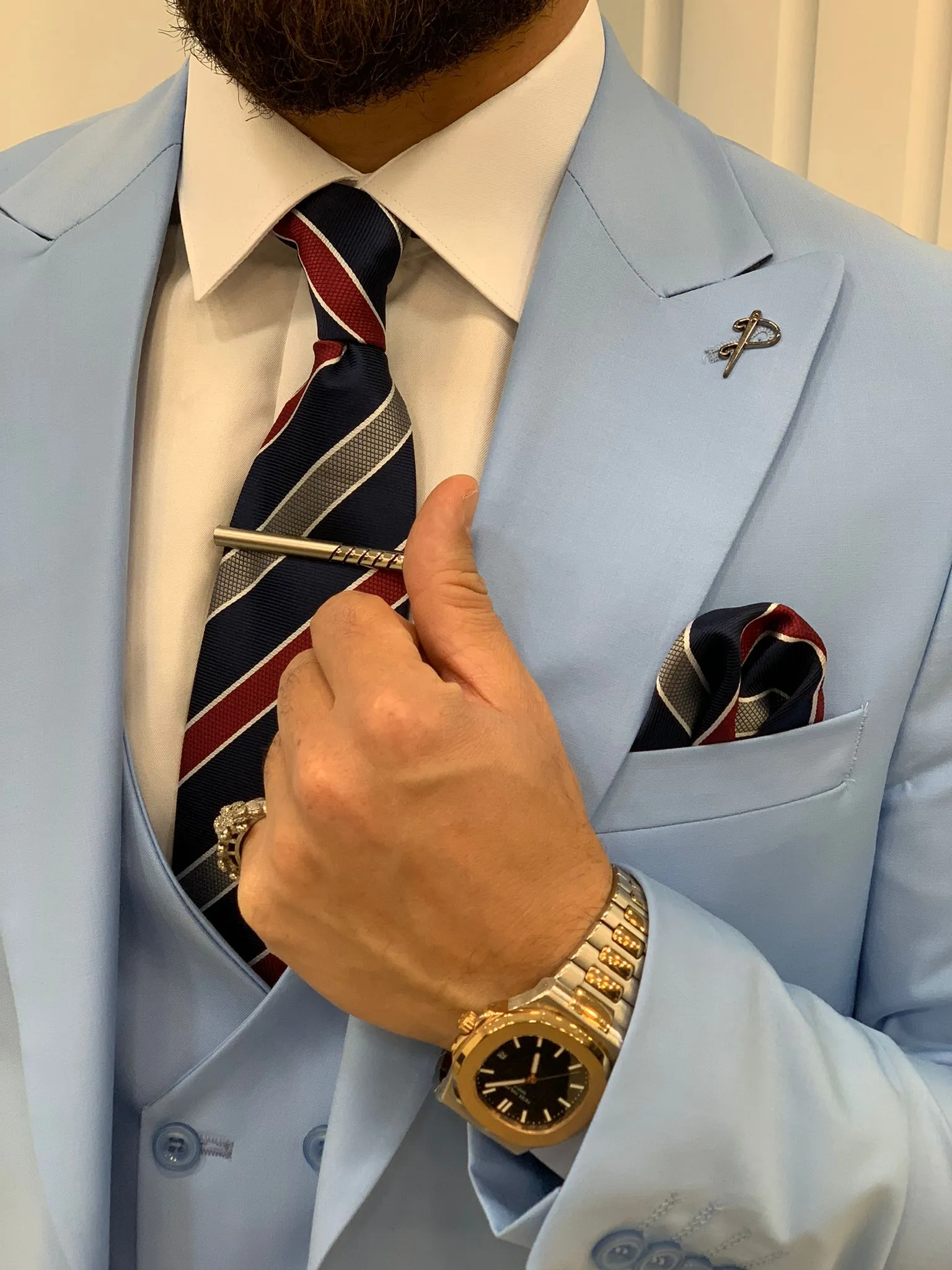 Amato Sky Blue Slim Fit Peak Lapel Suit