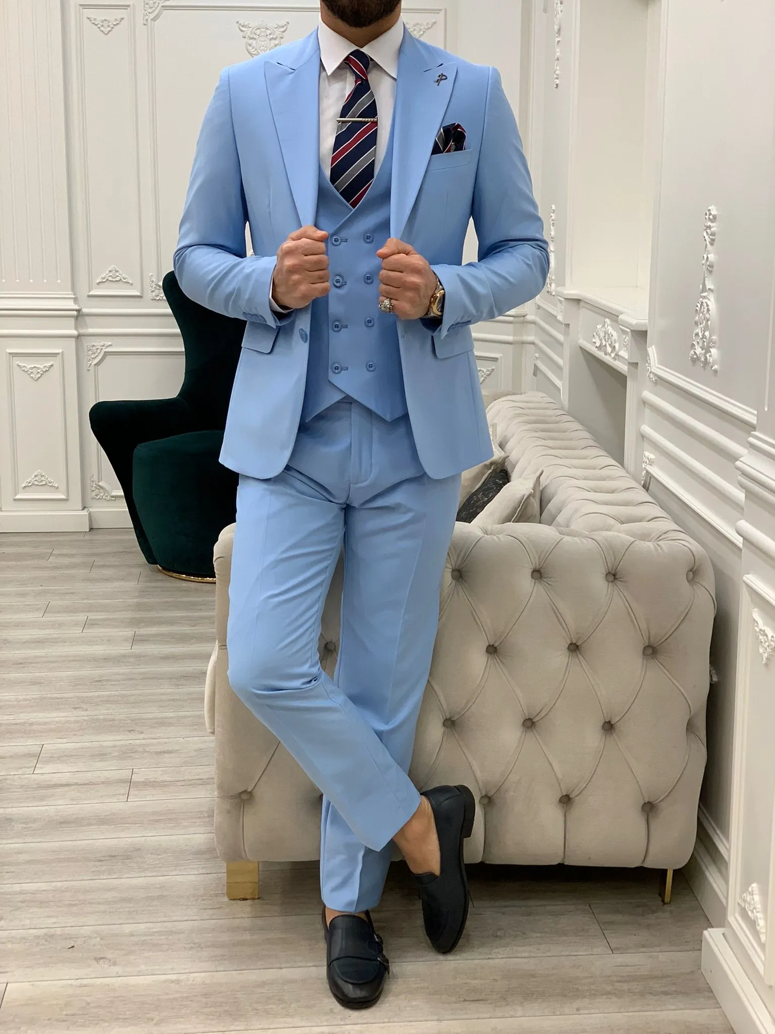 Amato Sky Blue Slim Fit Peak Lapel Suit