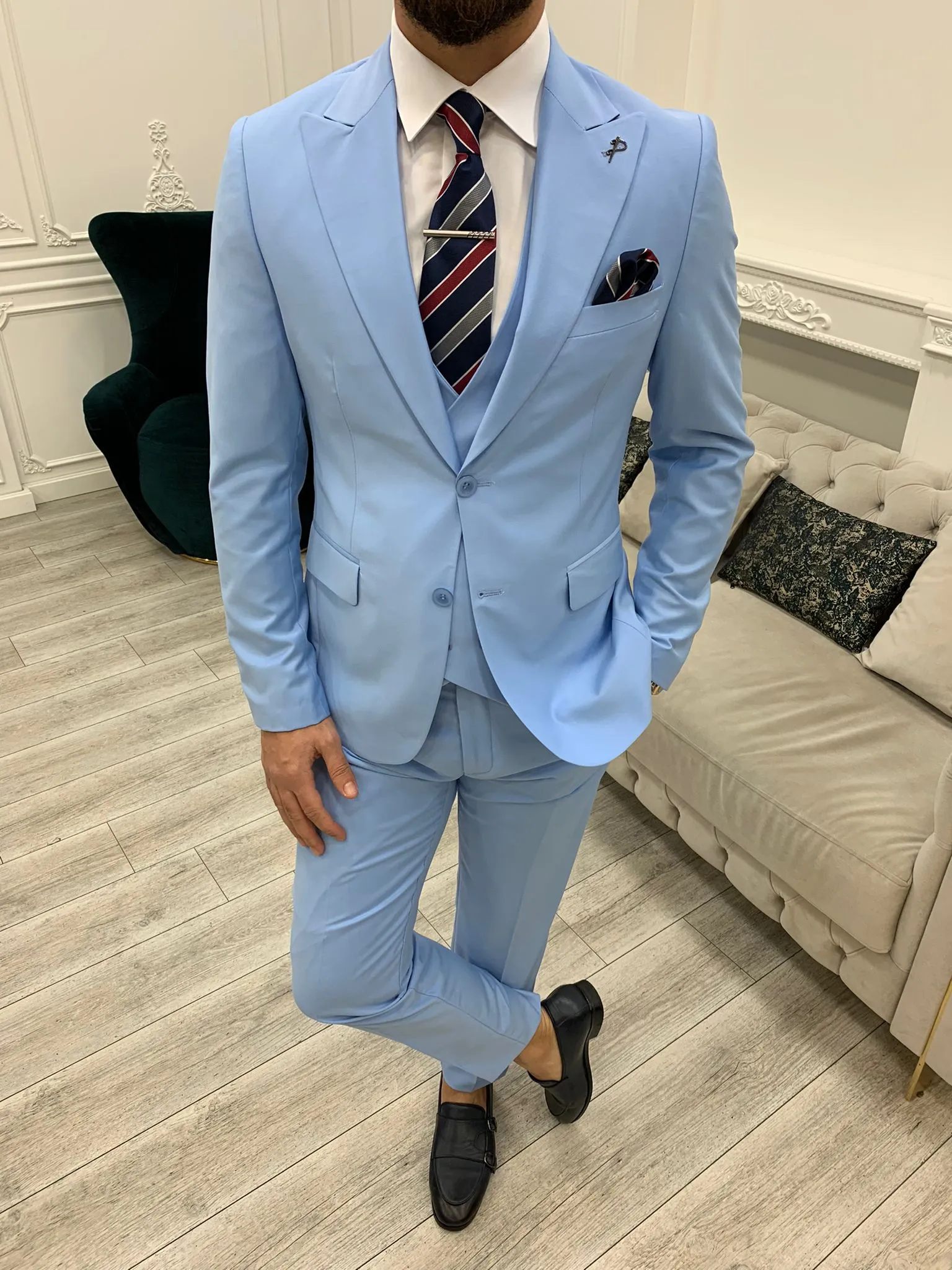 Amato Sky Blue Slim Fit Peak Lapel Suit