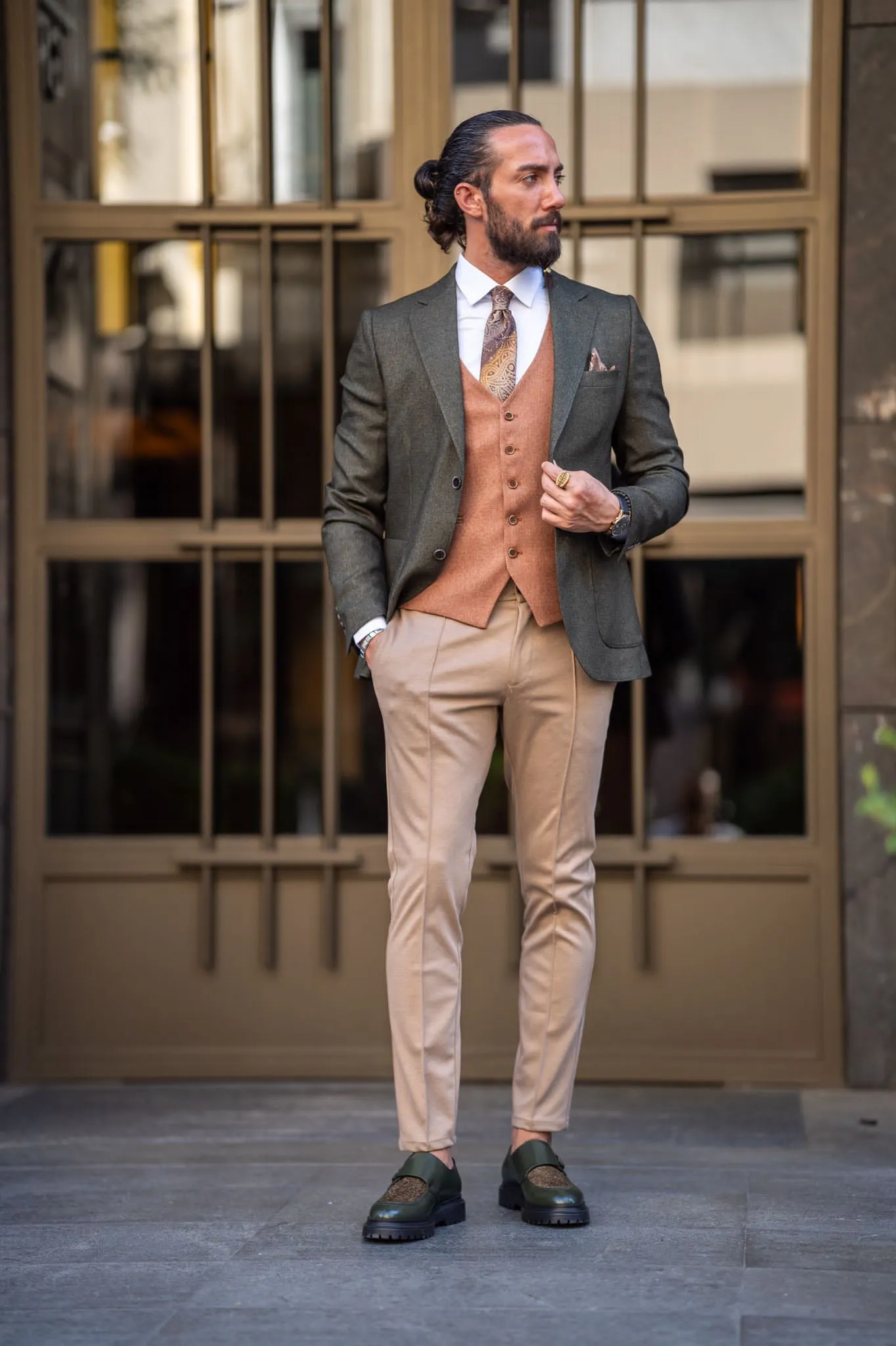 Ardean Khaki Slim Fit Notch Lapel 3 Piece Combination Suit