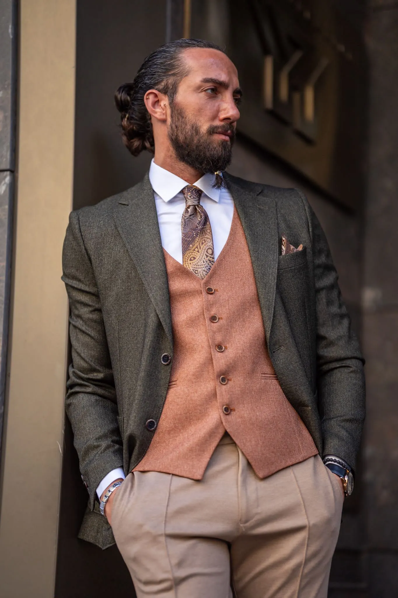 Ardean Khaki Slim Fit Notch Lapel 3 Piece Combination Suit