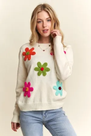 Beige Floral Embroider Patch Soft Sweater