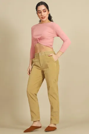 Beige Solid Cotton Blend Straight Pants