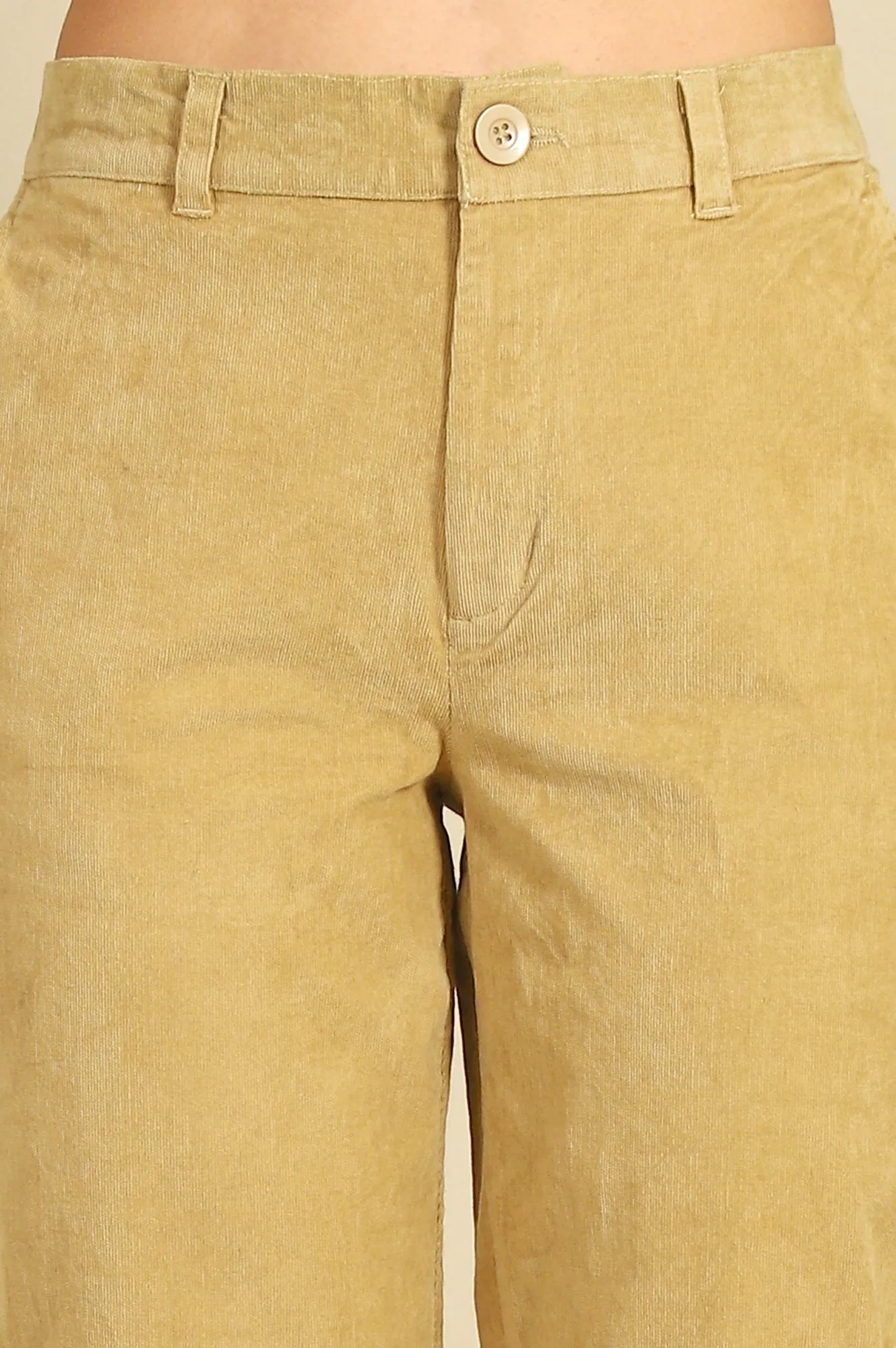 Beige Solid Cotton Blend Straight Pants