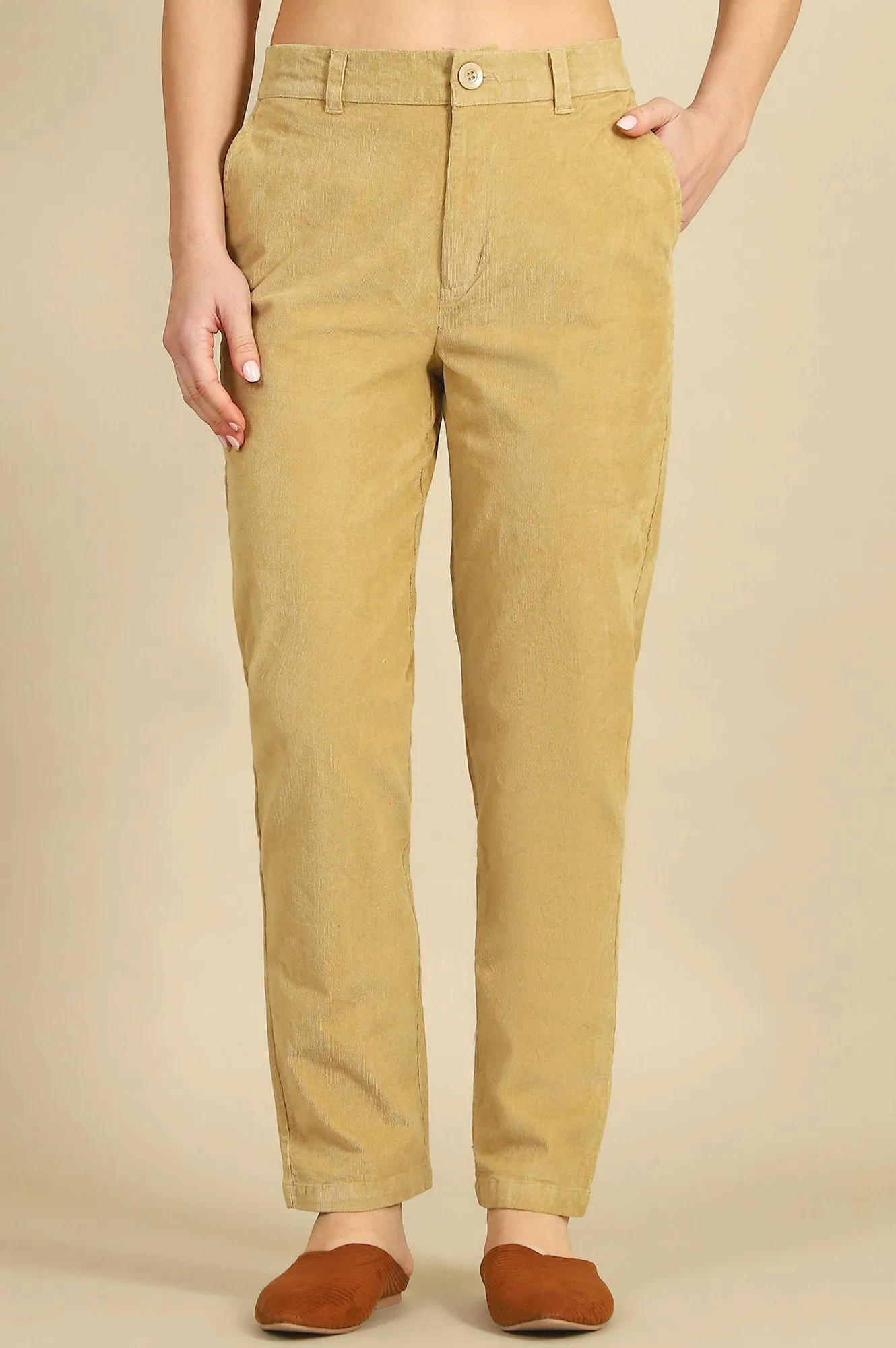 Beige Solid Cotton Blend Straight Pants