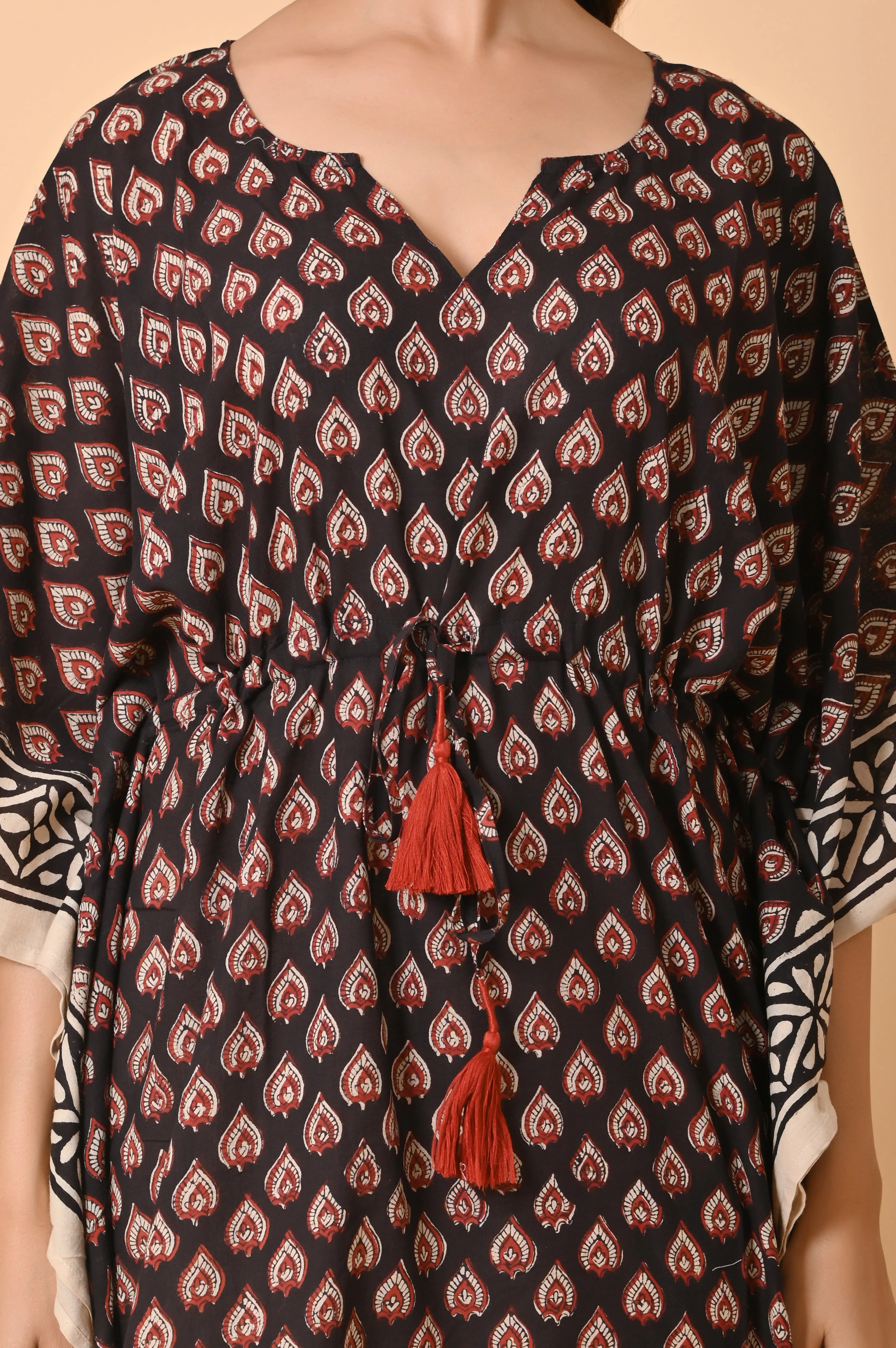 black Block Print Cotton Long Bohemian Kaftan