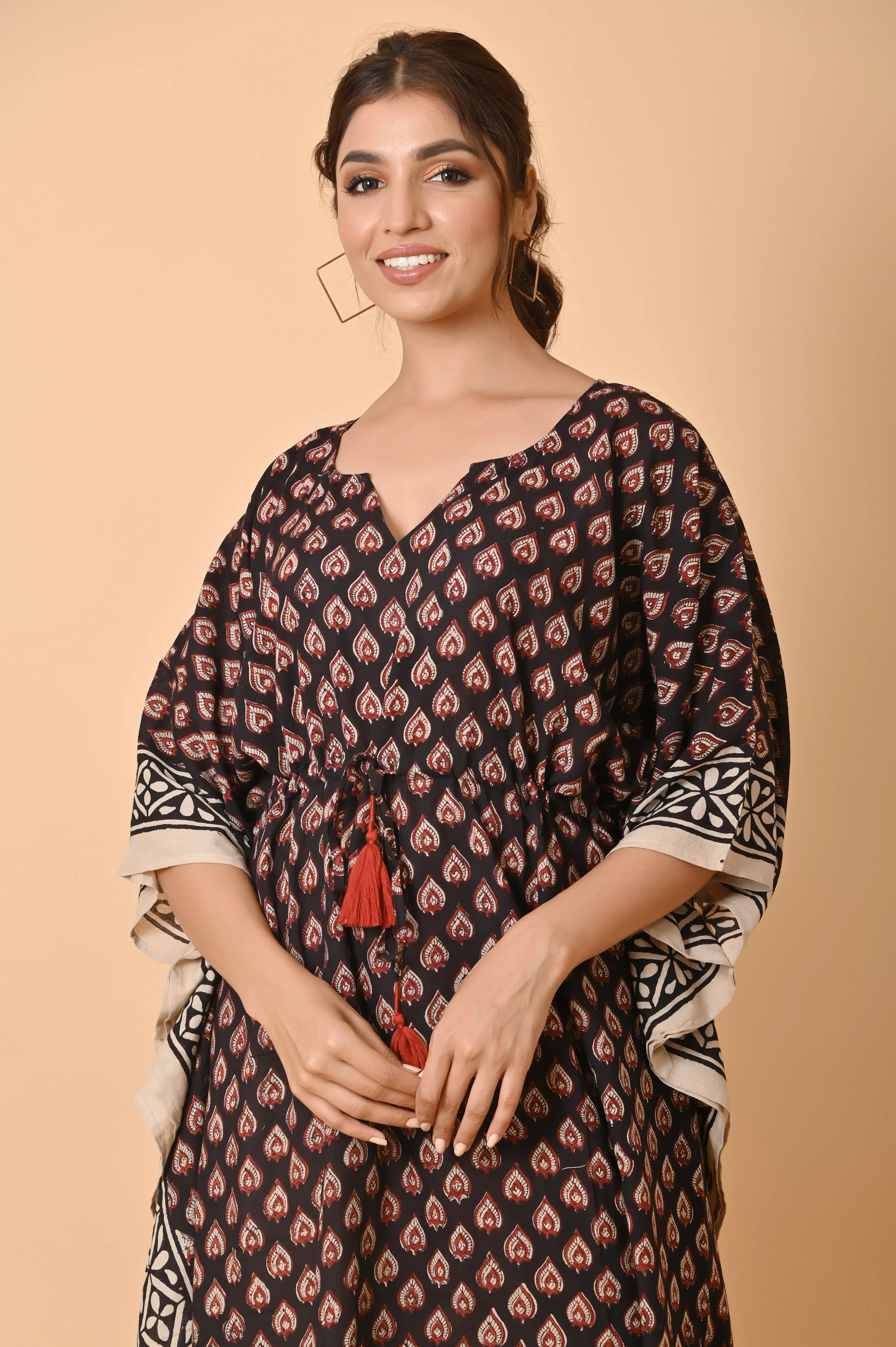 black Block Print Cotton Long Bohemian Kaftan