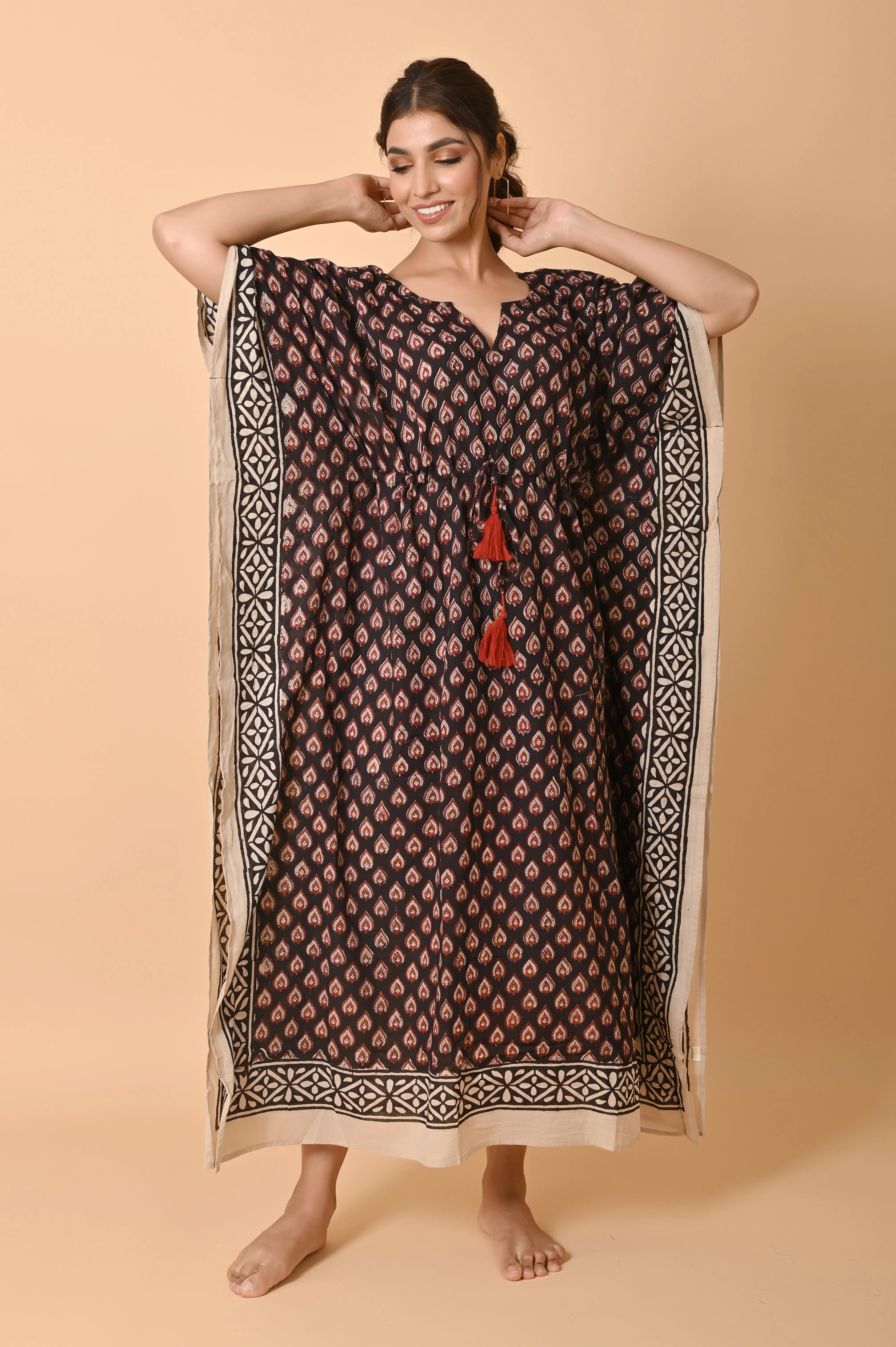 black Block Print Cotton Long Bohemian Kaftan