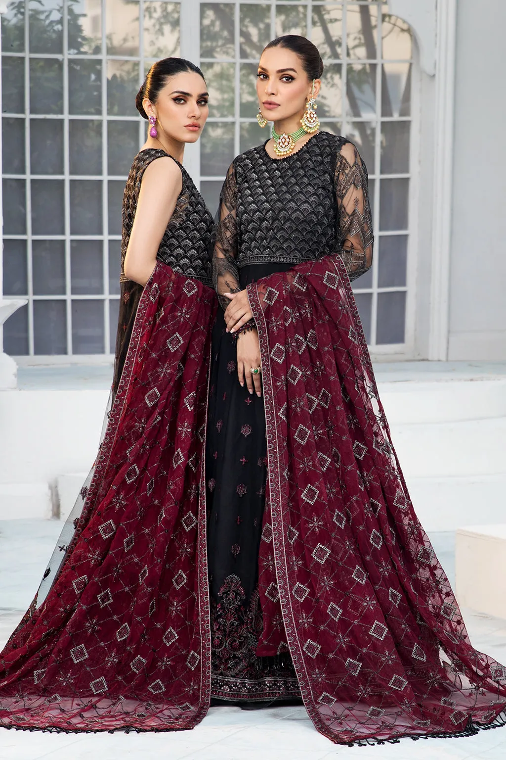 Black Pakistani Frock with Maroon Contrast Party Wear