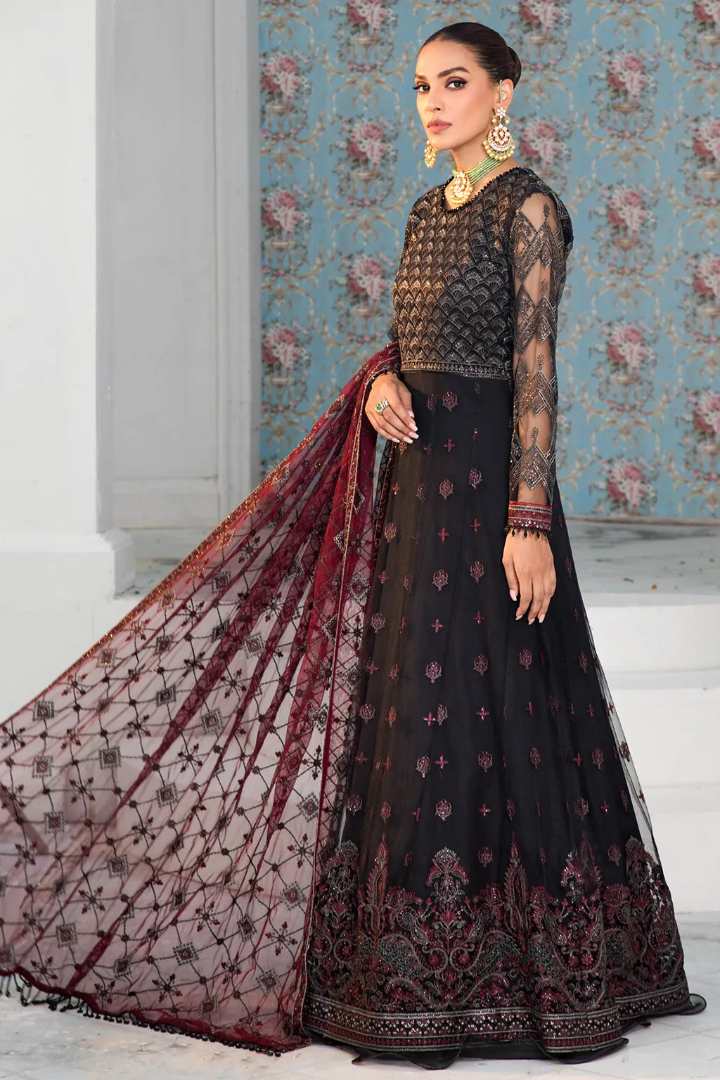 Black Pakistani Frock with Maroon Contrast Party Wear