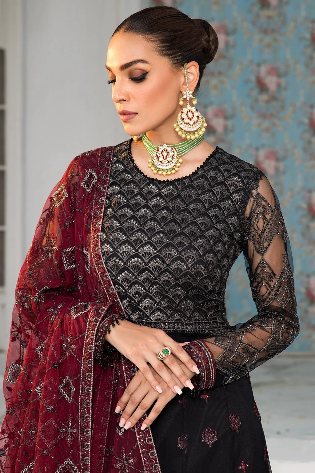 Black Pakistani Frock with Maroon Contrast Party Wear