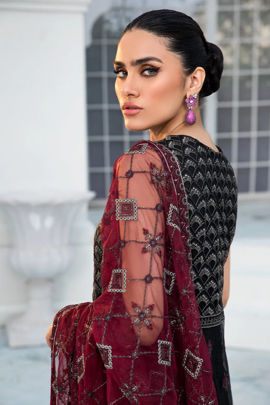 Black Pakistani Frock with Maroon Contrast Party Wear
