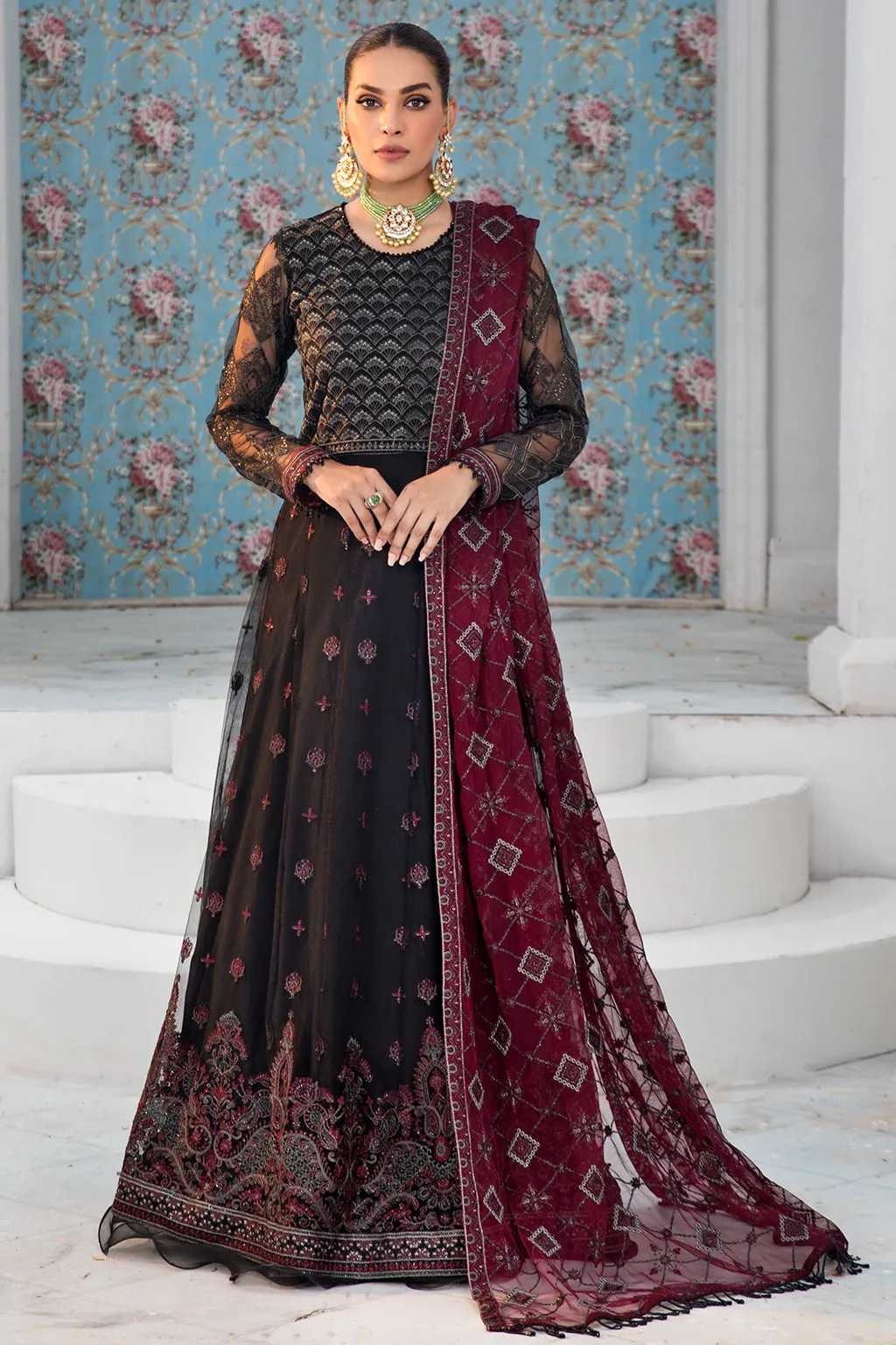 Black Pakistani Frock with Maroon Contrast Party Wear