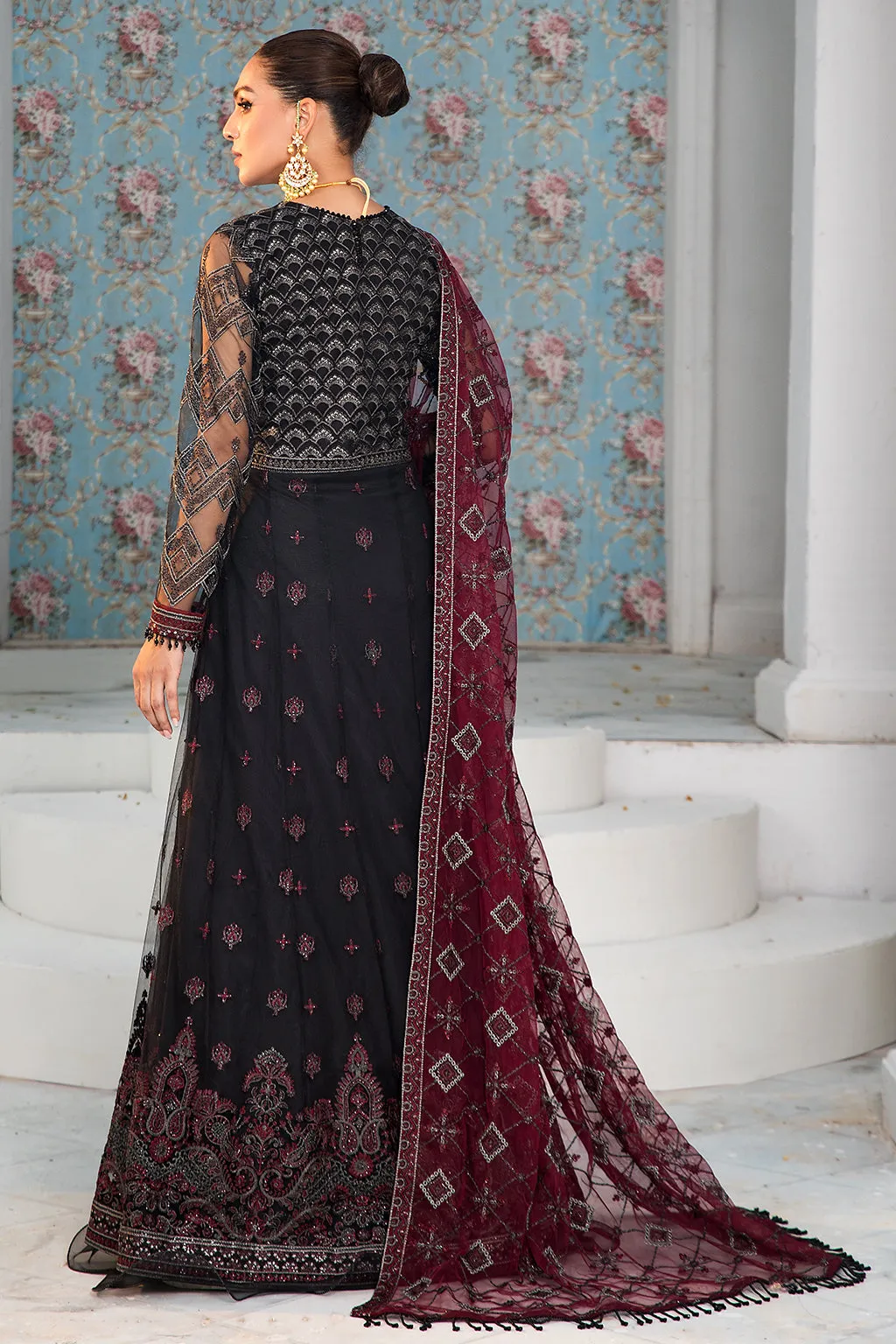 Black Pakistani Frock with Maroon Contrast Party Wear