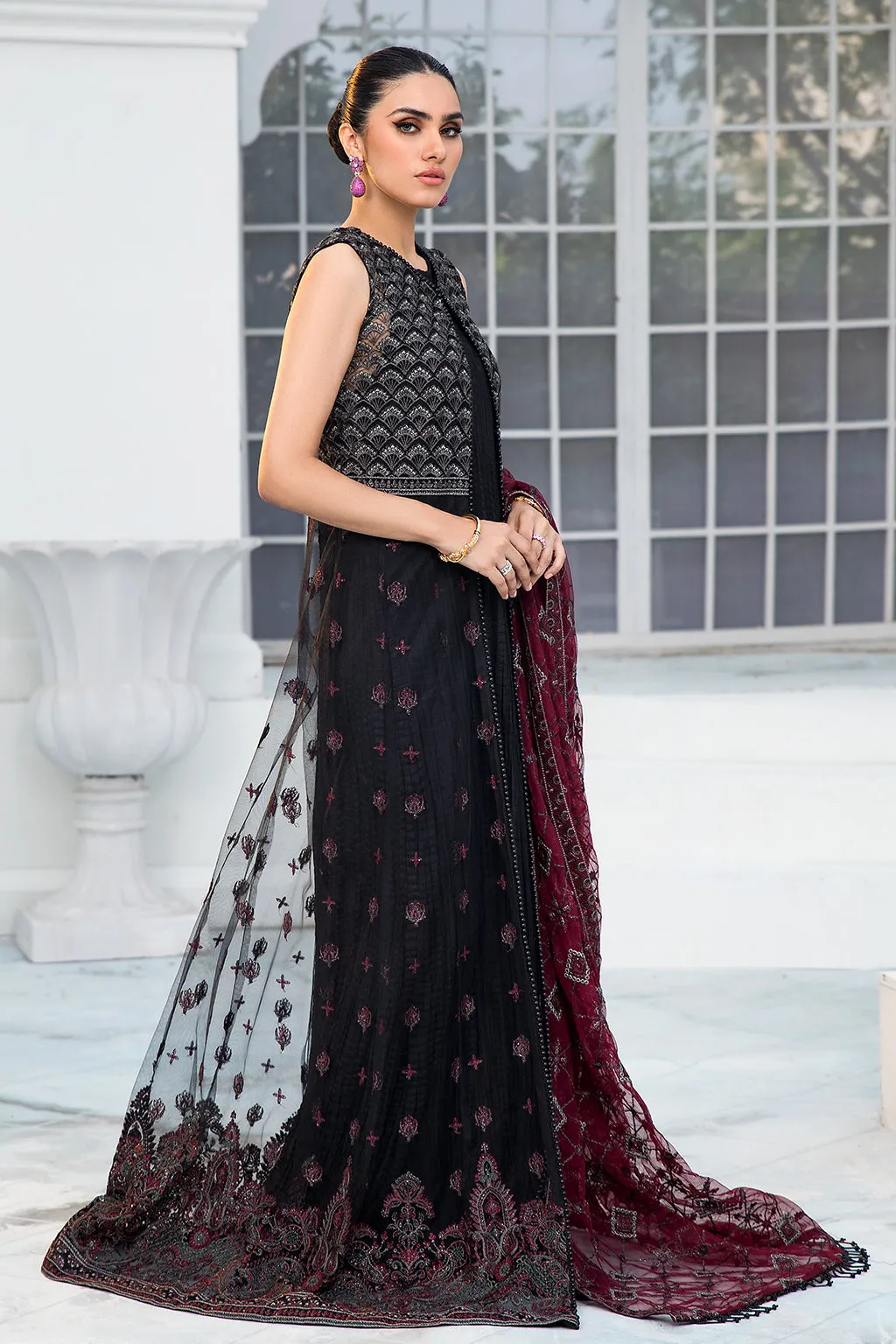 Black Pakistani Frock with Maroon Contrast Party Wear