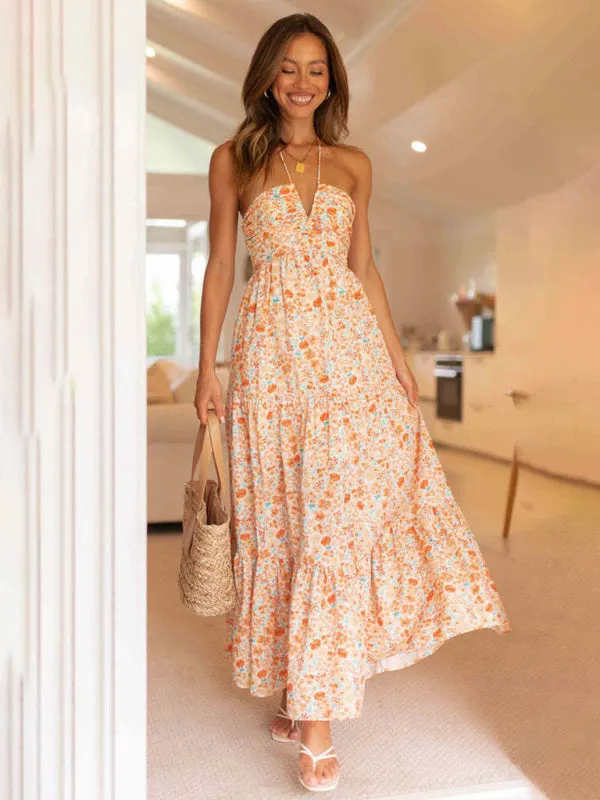 Bohemian V-Neck Maxi Dress with Tiered Design