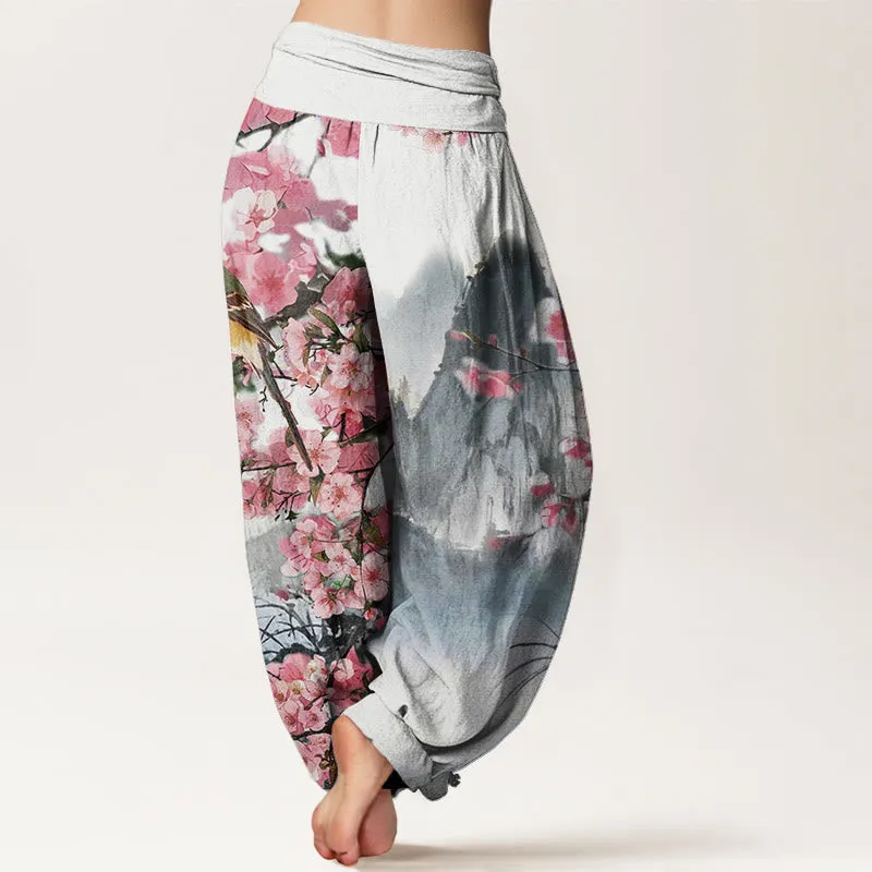 Buddha Stones Bird Cherry Blossom Mountains Pattern Women's Elastic Waist Harem Pants