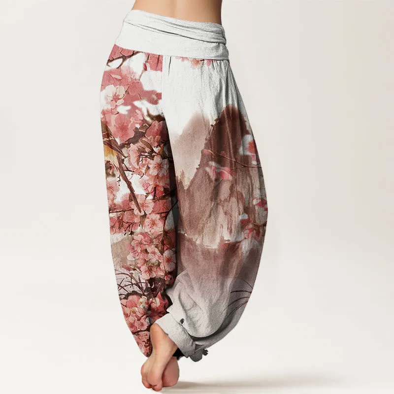 Buddha Stones Bird Cherry Blossom Mountains Pattern Women's Elastic Waist Harem Pants