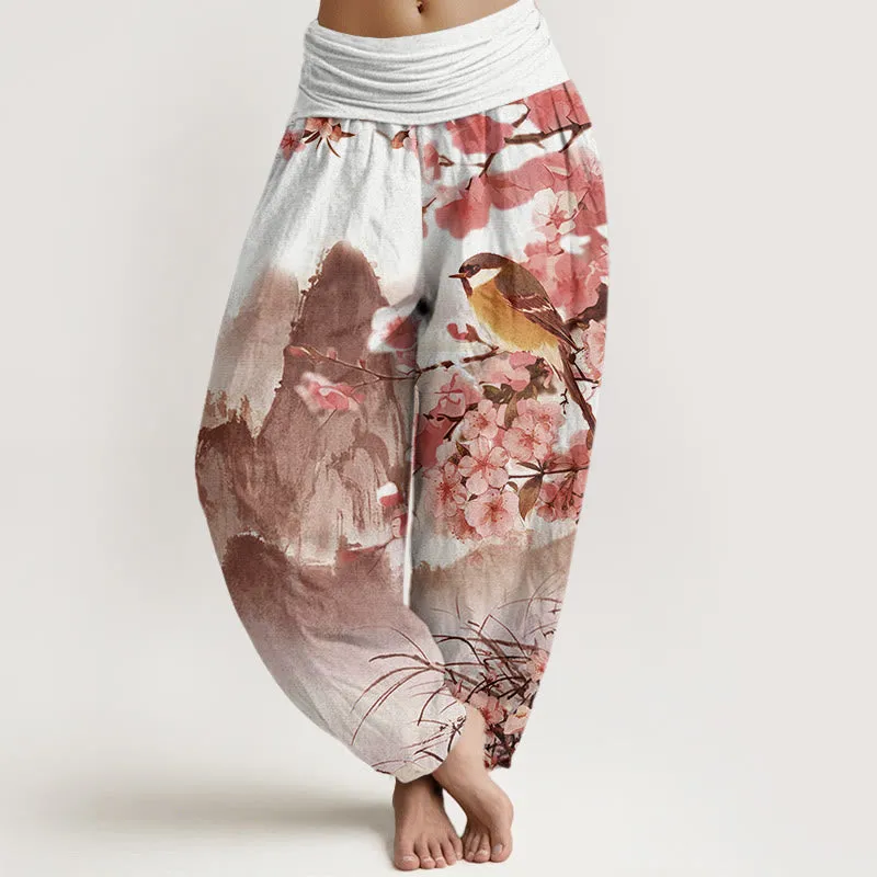 Buddha Stones Bird Cherry Blossom Mountains Pattern Women's Elastic Waist Harem Pants