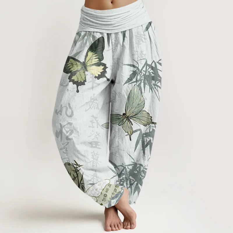 Buddha Stones Butterfly Bamboo Leaves Chinese Characters Pattern Women's Elastic Waist Harem Pants