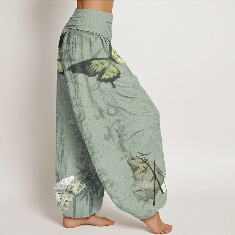 Buddha Stones Butterfly Bamboo Leaves Chinese Characters Pattern Women's Elastic Waist Harem Pants