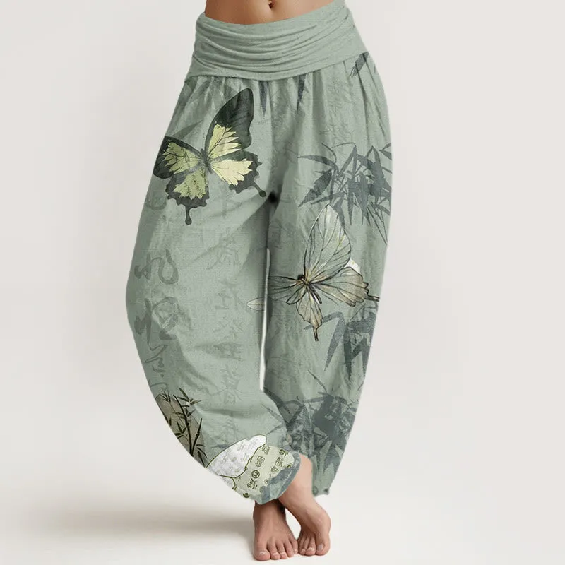 Buddha Stones Butterfly Bamboo Leaves Chinese Characters Pattern Women's Elastic Waist Harem Pants