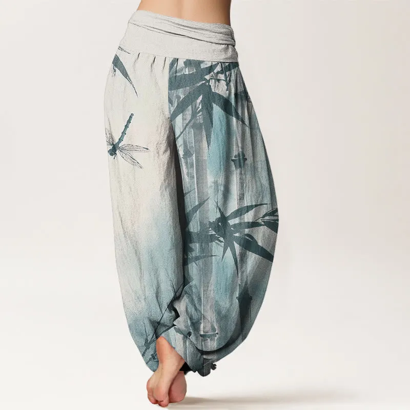 Buddha Stones Casual Bamboo Leaves Dragonfly Pattern Women's Elastic Waist Harem Pants