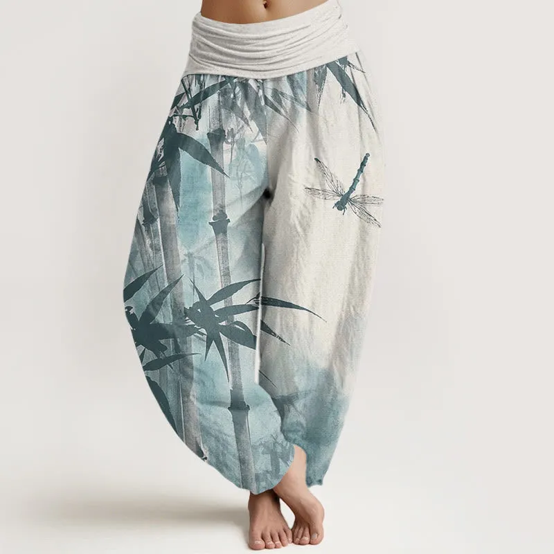 Buddha Stones Casual Bamboo Leaves Dragonfly Pattern Women's Elastic Waist Harem Pants