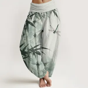 Buddha Stones Casual Bamboo Leaves Dragonfly Pattern Women's Elastic Waist Harem Pants