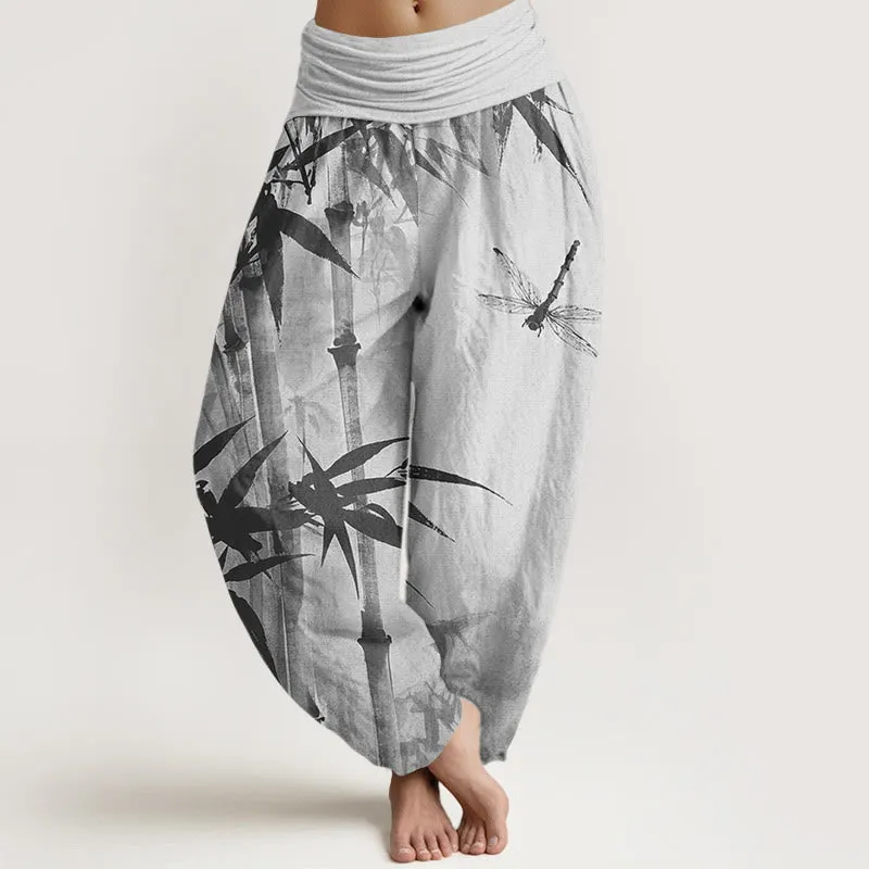 Buddha Stones Casual Bamboo Leaves Dragonfly Pattern Women's Elastic Waist Harem Pants