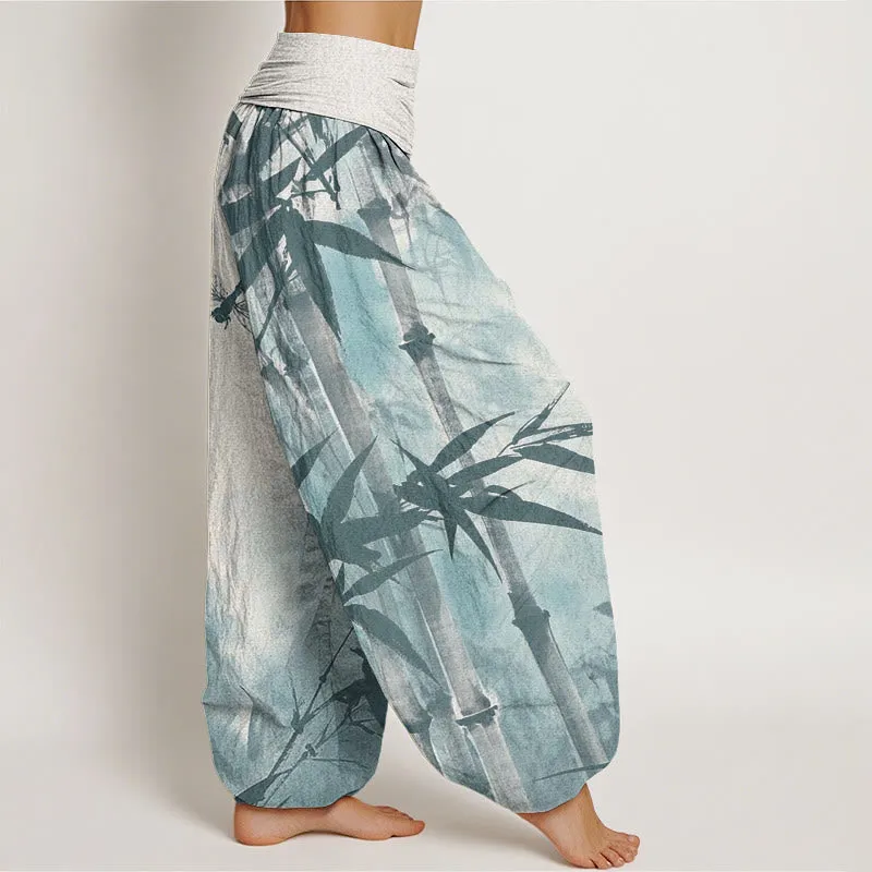 Buddha Stones Casual Bamboo Leaves Dragonfly Pattern Women's Elastic Waist Harem Pants