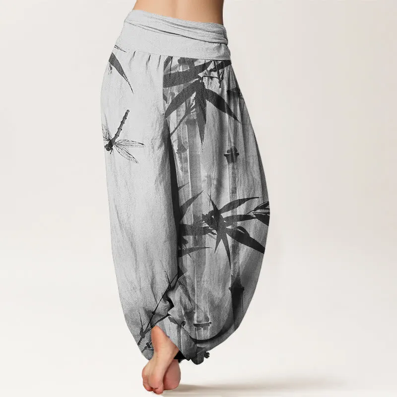 Buddha Stones Casual Bamboo Leaves Dragonfly Pattern Women's Elastic Waist Harem Pants