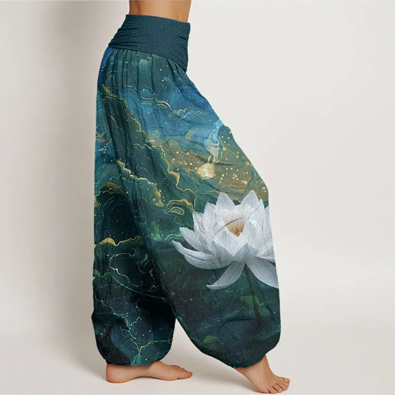 Buddha Stones Casual Lotus Starry Sky Clouds Pattern Women's Elastic Waist Harem Pants