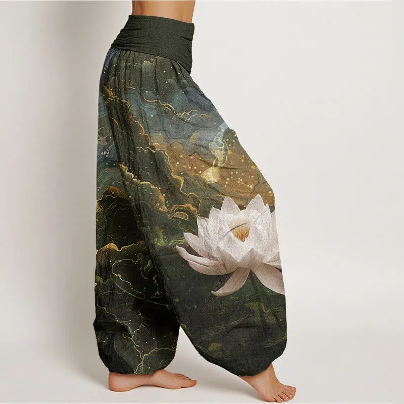 Buddha Stones Casual Lotus Starry Sky Clouds Pattern Women's Elastic Waist Harem Pants