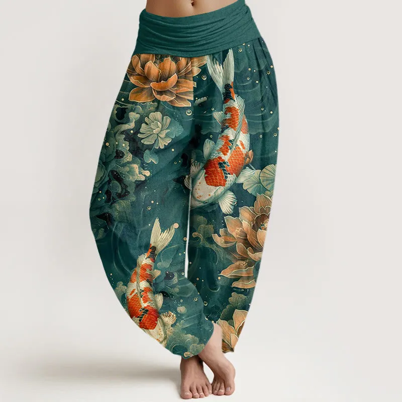 Buddha Stones Colorful Koi Fish Lotus Flowers Design Women's Elastic Waist Harem Pants