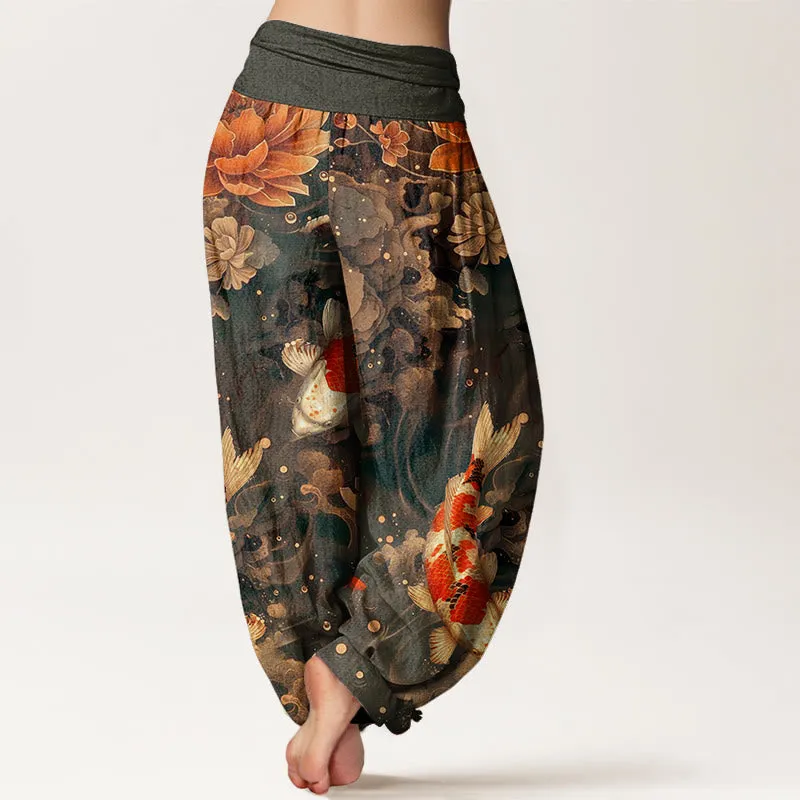 Buddha Stones Colorful Koi Fish Lotus Flowers Design Women's Elastic Waist Harem Pants