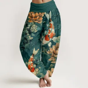 Buddha Stones Colorful Koi Fish Lotus Flowers Design Women's Elastic Waist Harem Pants