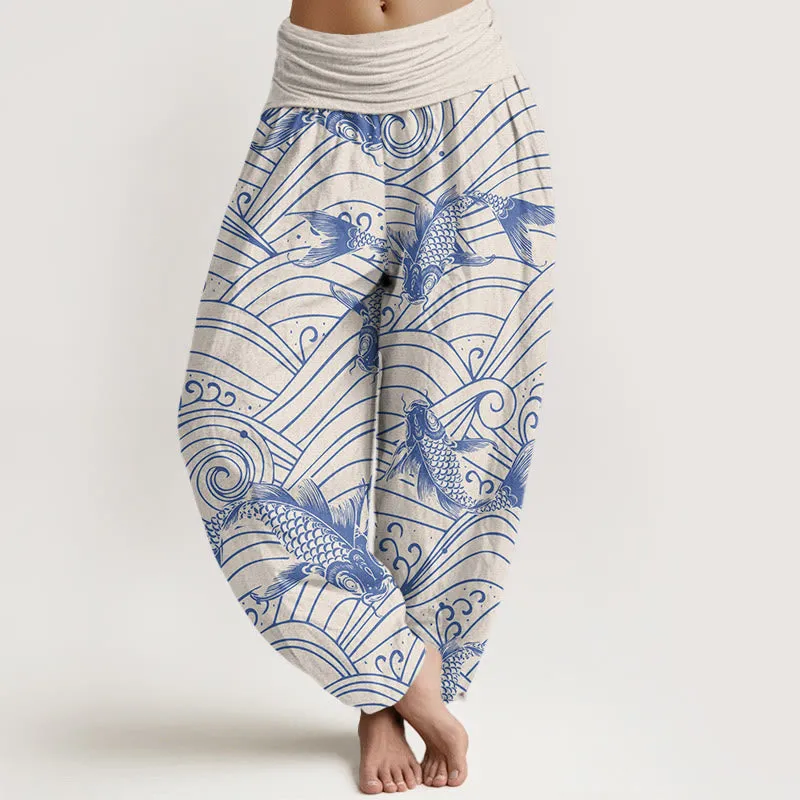 Buddha Stones Koi Fish Wave Pattern Women's Elastic Waist Harem Pants