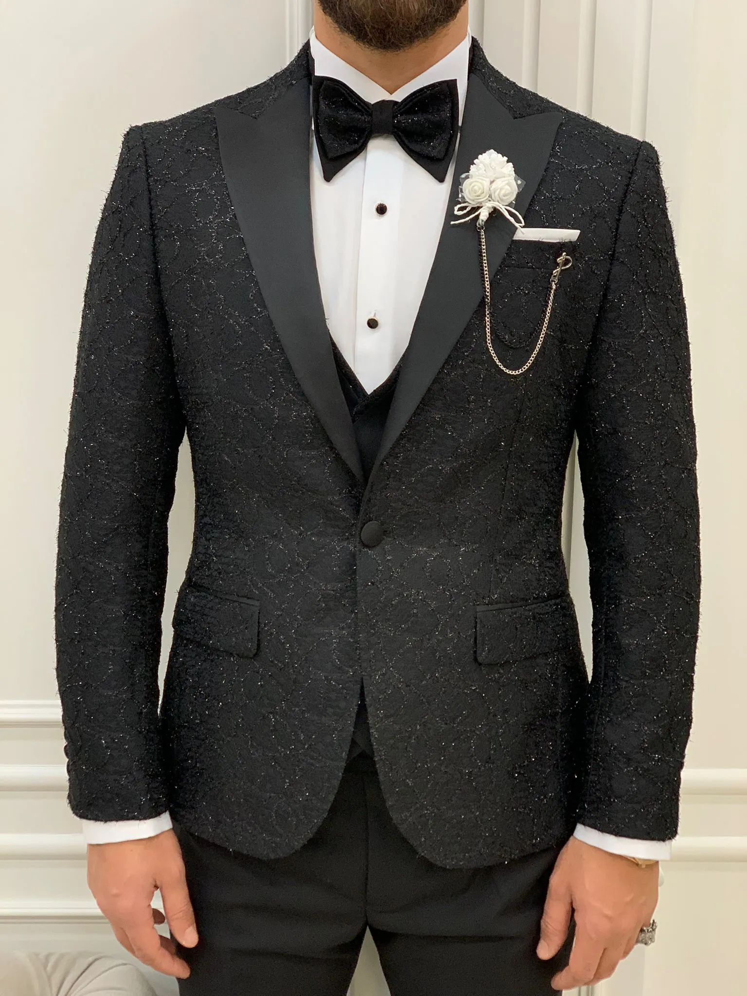 Caesar Black Slim Fit Peak Lapel Floral Patterned Tuxedo