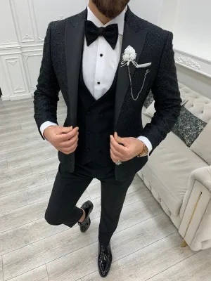 Caesar Black Slim Fit Peak Lapel Floral Patterned Tuxedo