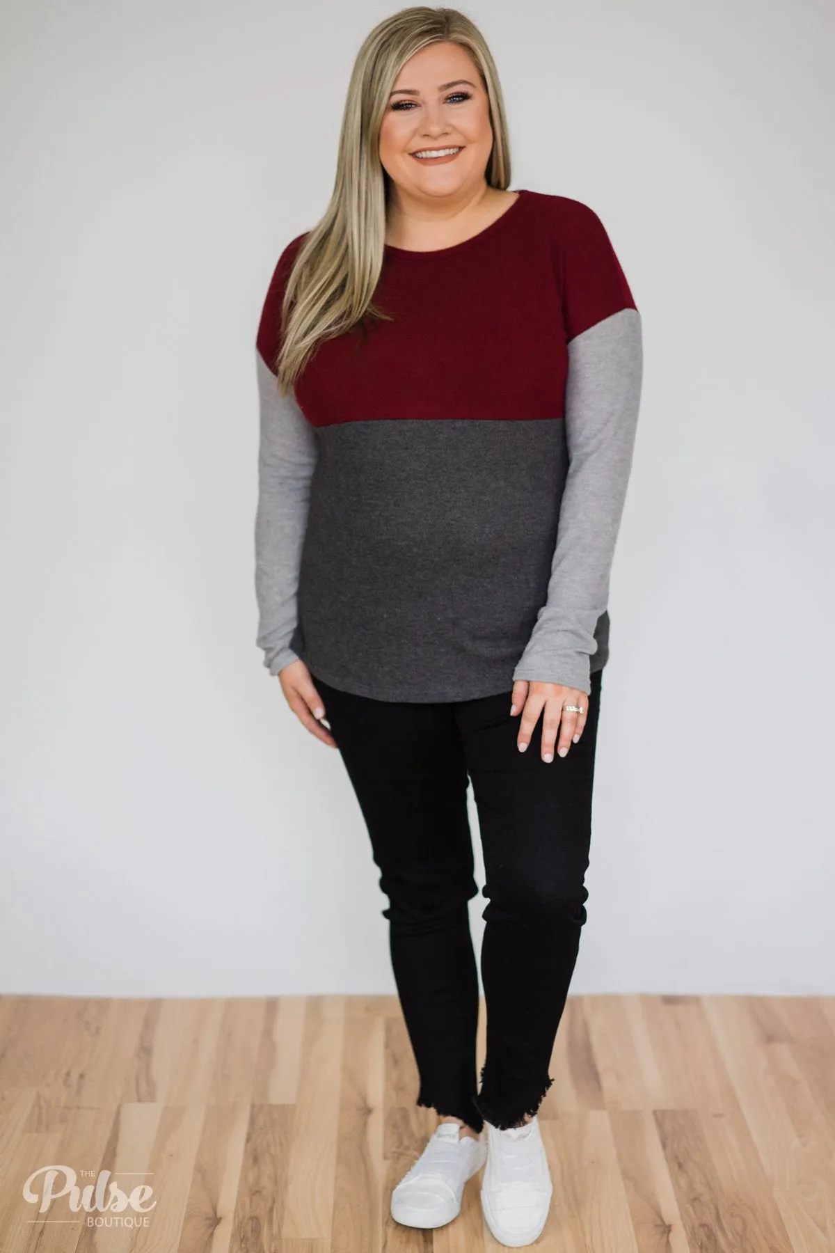 Can't Get Enough Color Block Top- Burgundy, Charcoal, Grey