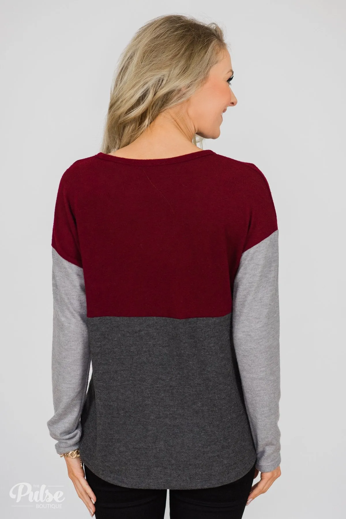Can't Get Enough Color Block Top- Burgundy, Charcoal, Grey